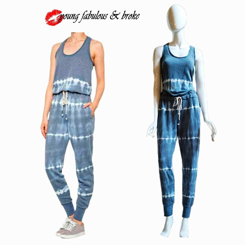 YFB Young Fabulous & Broke Tie Dye Racerback Jumpsuit M Blue Drawstring Lounge